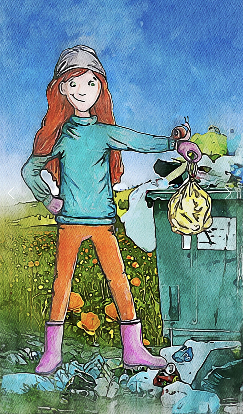 Eine Comicfigur, die Müll sammelt und wegwirft 