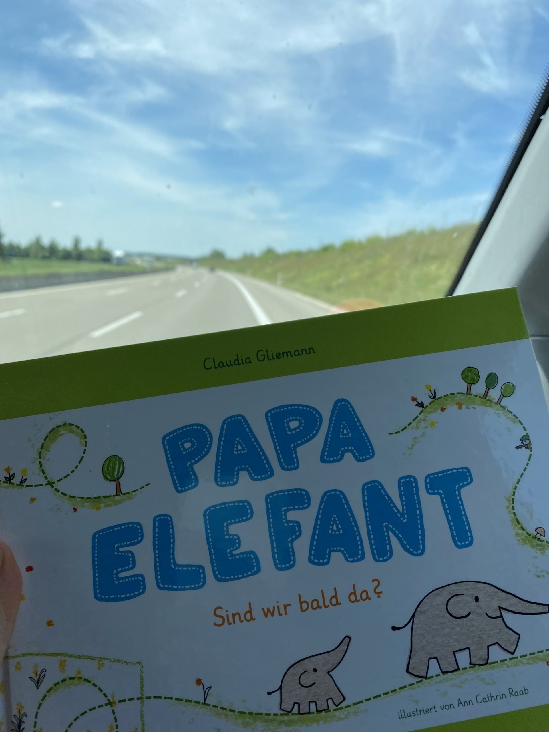 Das Buch Papa Elefant sieht man und dahinter ist die Autoscheibe und die Autobahn 