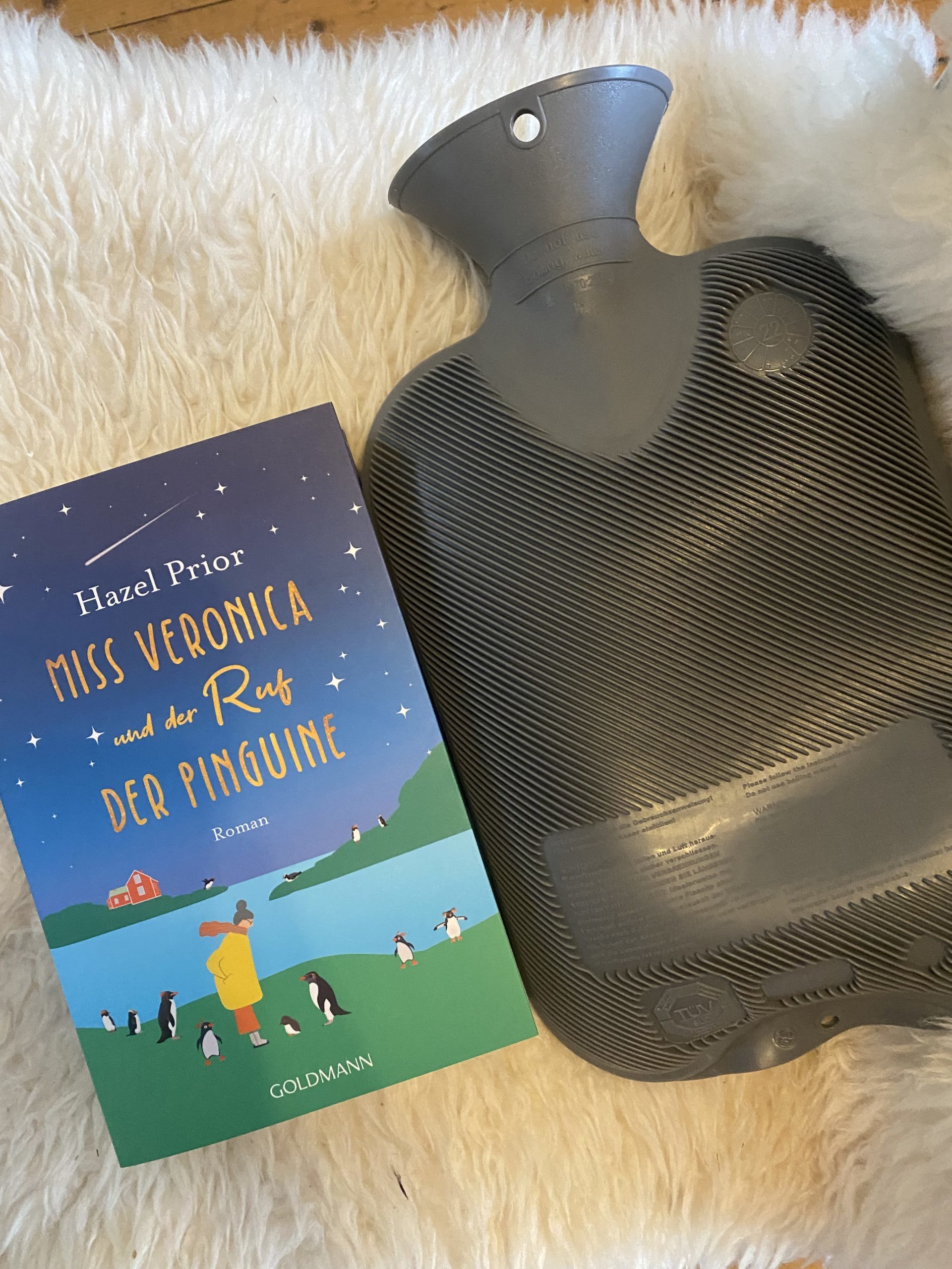 Buch Miss Veronica und der Ruf der Pinguine und eien Wärmflasche liegen auf einem Dekofell