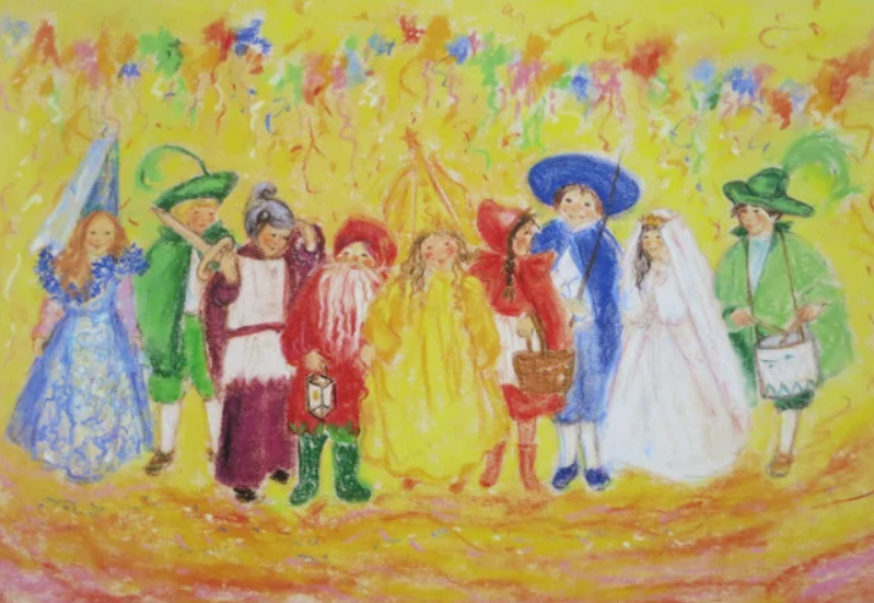 Ein gelber Hintergrund mit einer Faschingsgirlande oben. Darunter sind 7 Kinder zu sheen die unterschiedlich verkleidet sind. Links ein grüner Jäger, danach ein lilaner Ritter ein roter Zwerg, eine gelbe Blume, Rotkappchen, ein blaues Musetier und eine Prinzessin im weißen Kleid