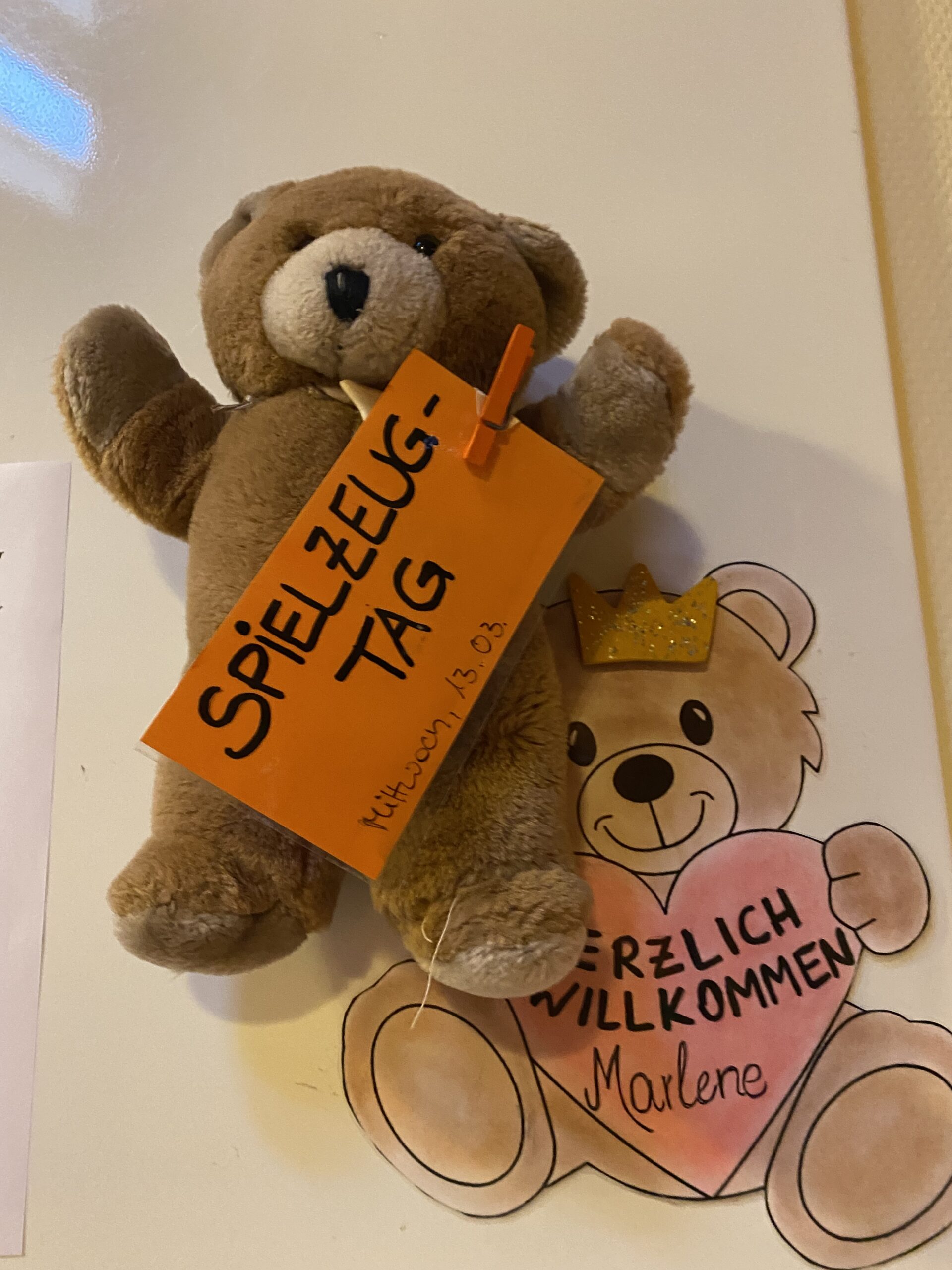 Ein Teddybär mit einem Schild in der Hand - Spielzeugtag