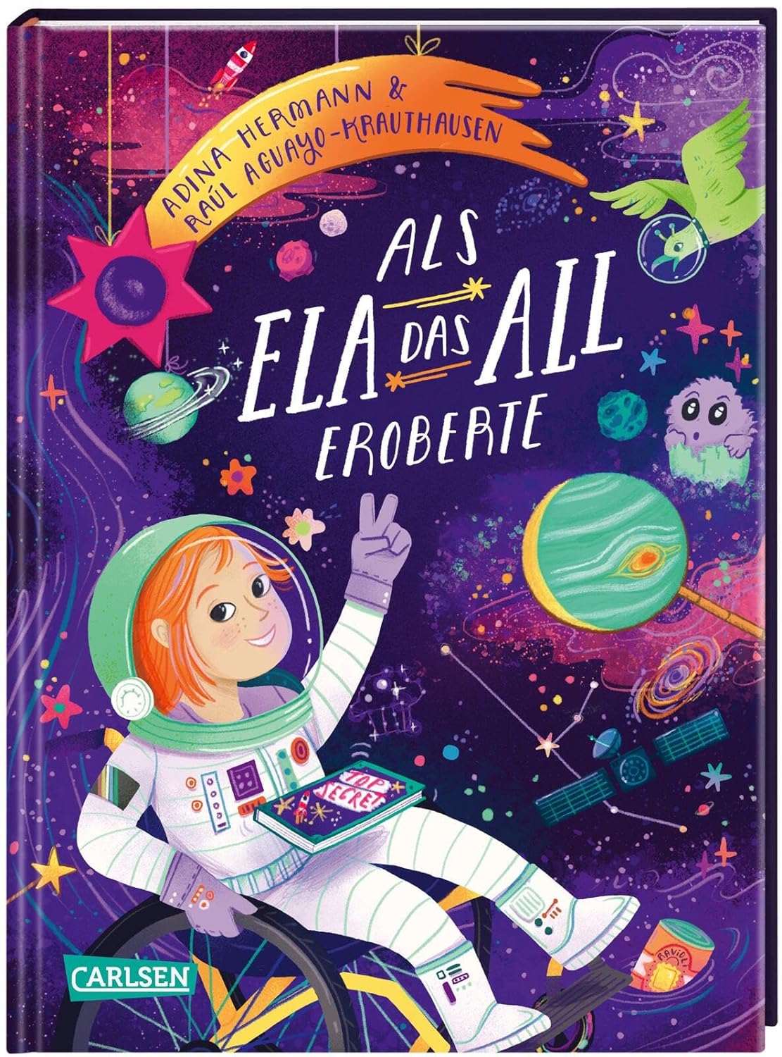 Das Bild zeigt das Titelbild aus dem Buch "Als Ela das All eroberte". In der Szene fliegt Ela im Autronautenanzug durch das All. Der Rollstuhl ist angeschnitten 