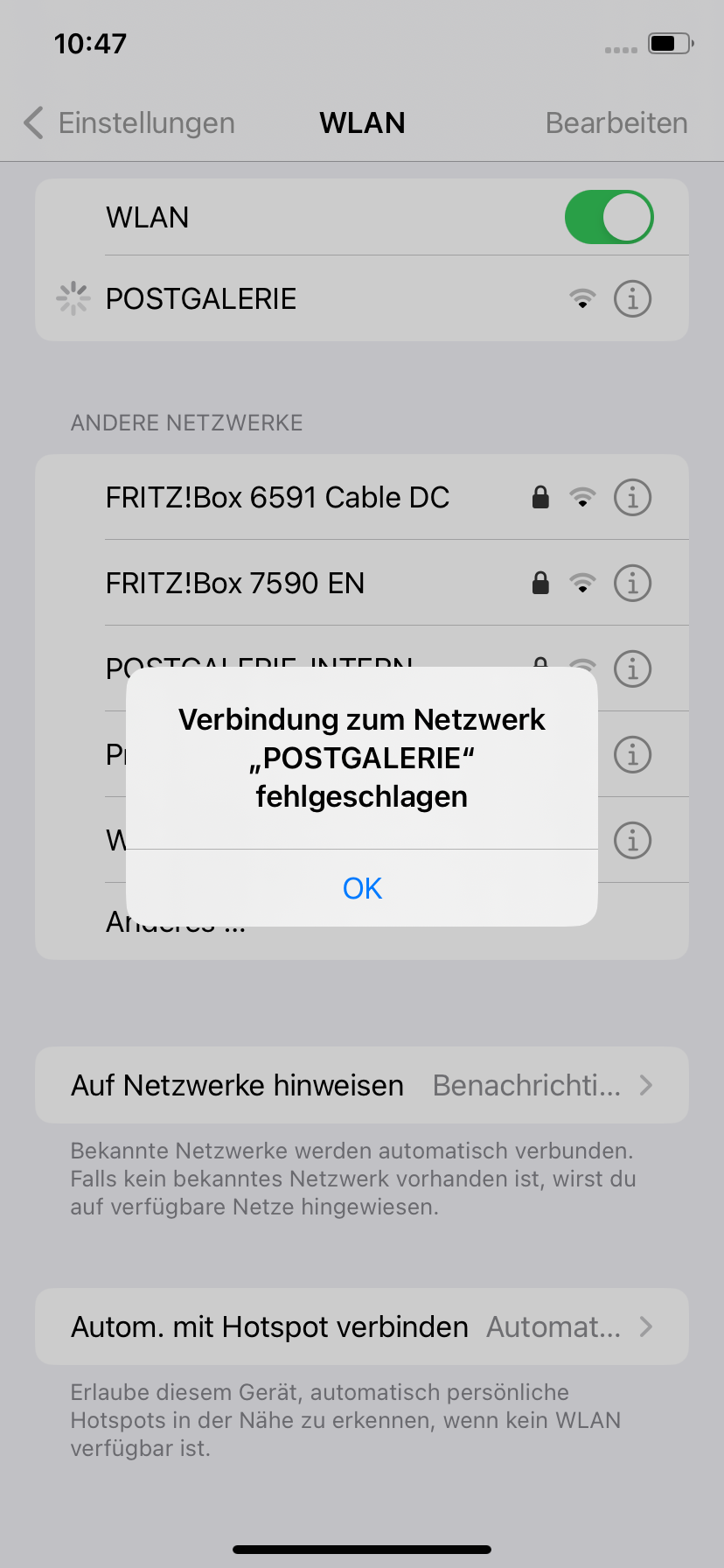 Ein Screenshot der zeigt, dass keine Verbindung möglich ist