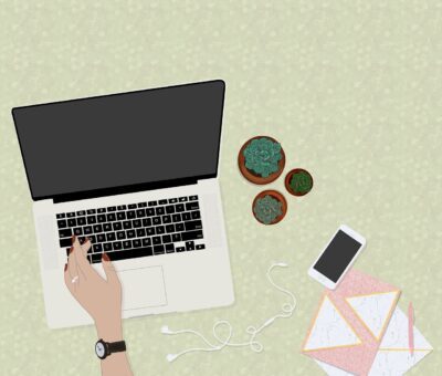 Eine Zeichnung auf grünem Hintergrund. Man sieht einen LAptop, ein Handy , eine Linke Hand am Laptop und ein paar Krümel rechts daneben