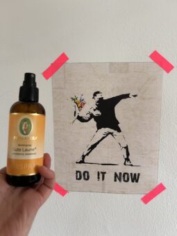 Raumspray von Primavera vor einem Bild von Bansky
