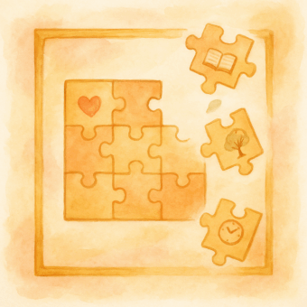 Eon oranges Bild mit Puzzelteilen, bei denen auf der rechten Seite 3 Teile lose sind und aussehen, als würden sie schweben